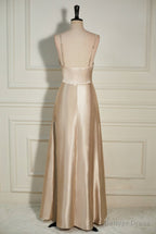 Champagne Cowl Neck Straps A Line Satin Long Dresses with Slit