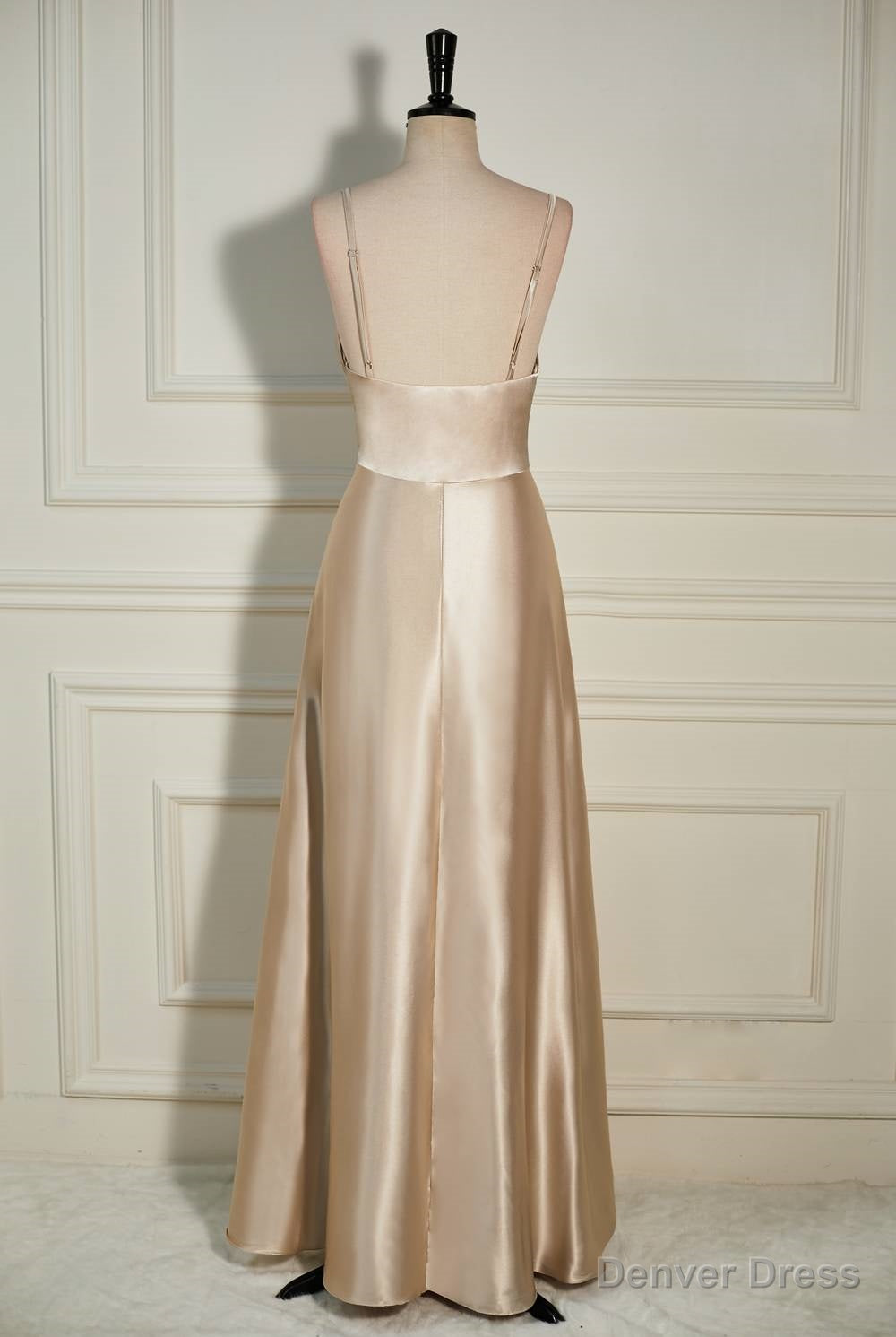 Champagne Cowl Neck Straps A Line Satin Long Dresses with Slit