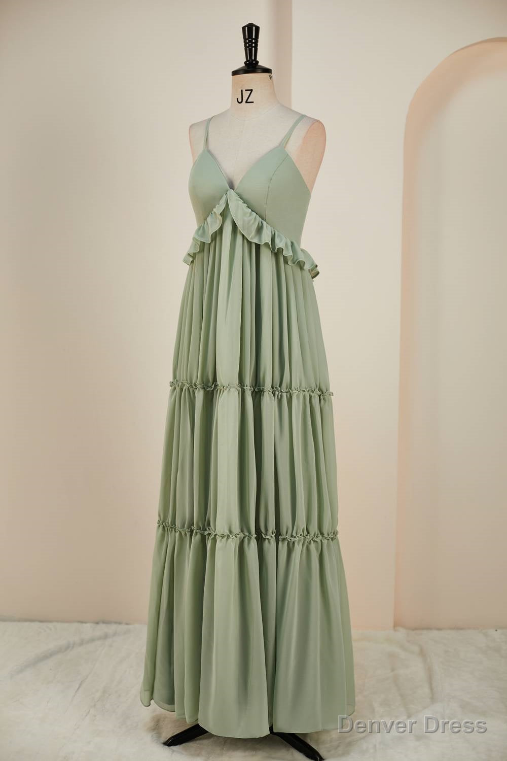 Sage Lace-Up Deep V Neck Ruffled Empire Long Prom Dress Secondary image