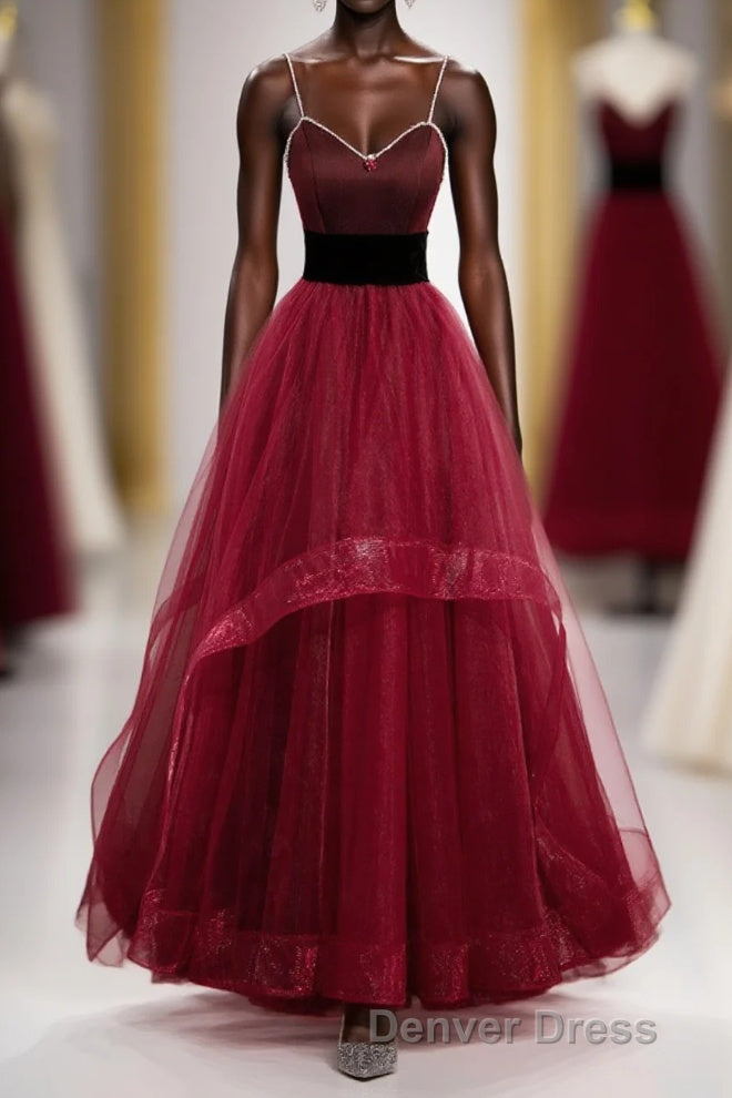 Wine Red Straps Beaded Sweetheart Tulle Prom Dress, Wine Red A Line Prom Dresses