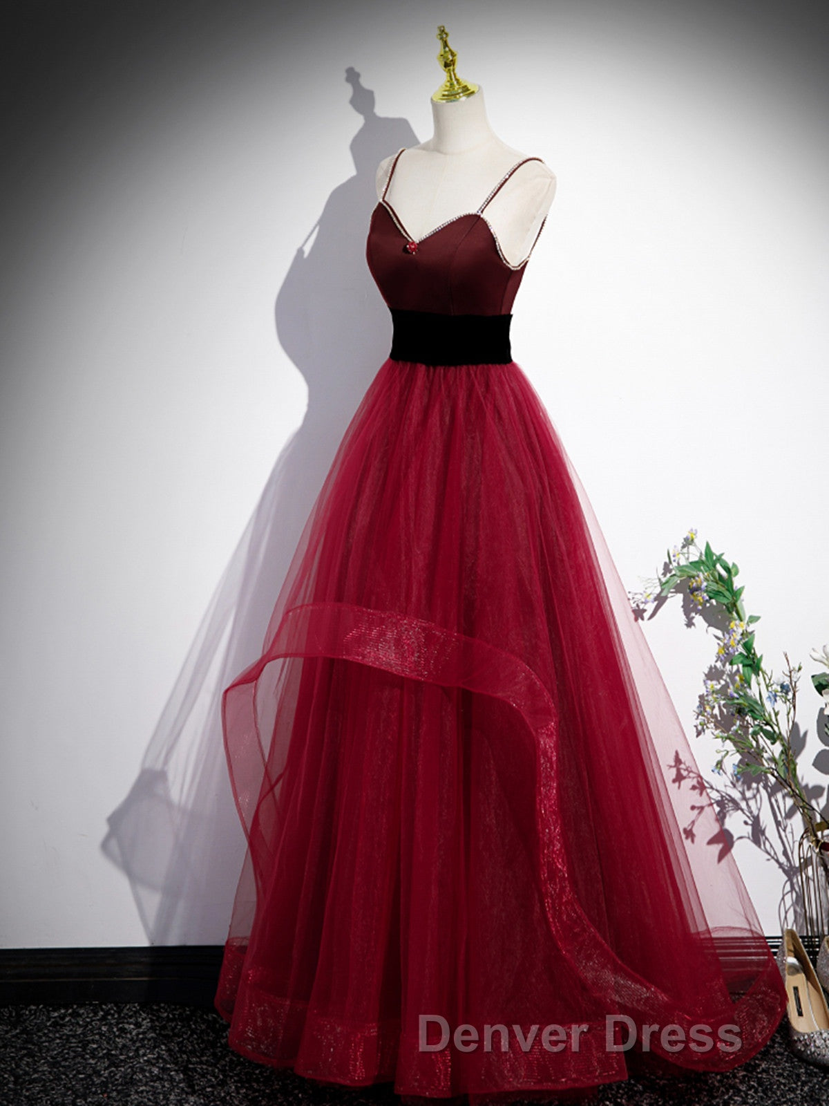 Wine Red Straps Beaded Sweetheart Tulle Prom Dress, Wine Red A Line Prom Dresses