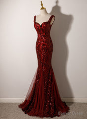 Wine Red Straps Sweetheart Mermaid Long Party Dress, Wine Red Sequins Prom Dress