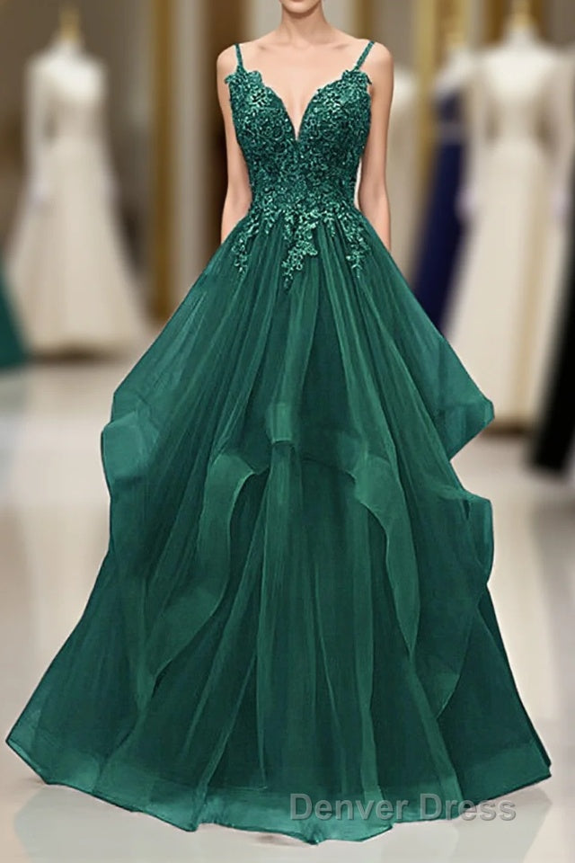 A-Line Tulle With Lace Applique Straps Long Party Dresses, Green Tulle Prom Dresses Main image