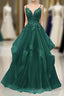 A-Line Tulle With Lace Applique Straps Long Party Dresses, Green Tulle Prom Dresses