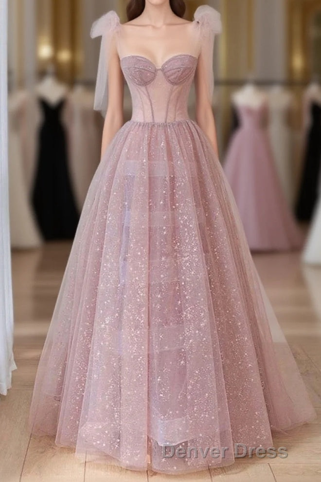 Lovely Shiny Tulle Pink Round Long Formal Dresses, Pink Tulle Prom Dresses Main image