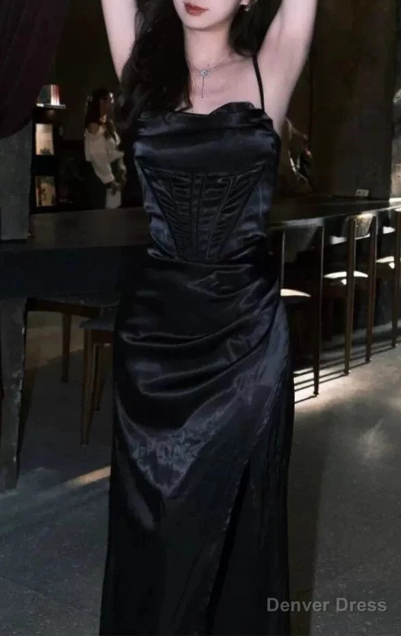 Vintage Prom Dress 90S, Black Split Spaghetti Strap Prom Dresses Long With Slit