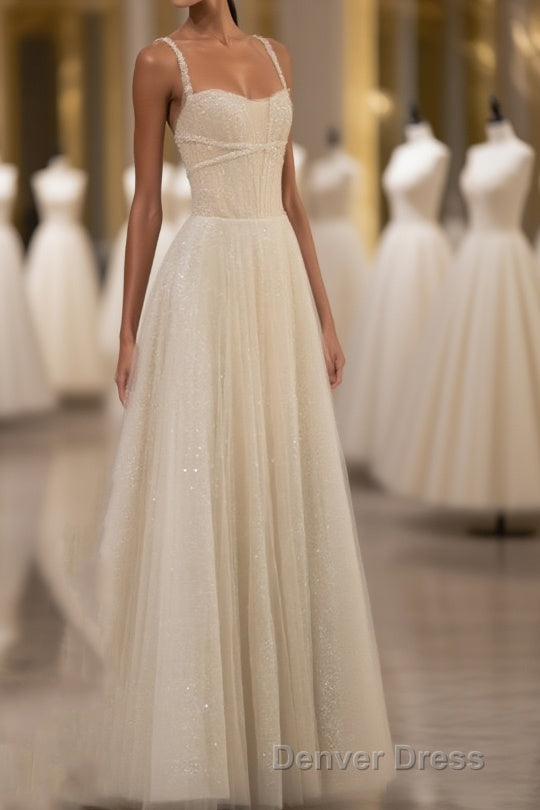 Champagne Tulle Long Prom Dresses, Champagne Tulle Formal Dresses Main image