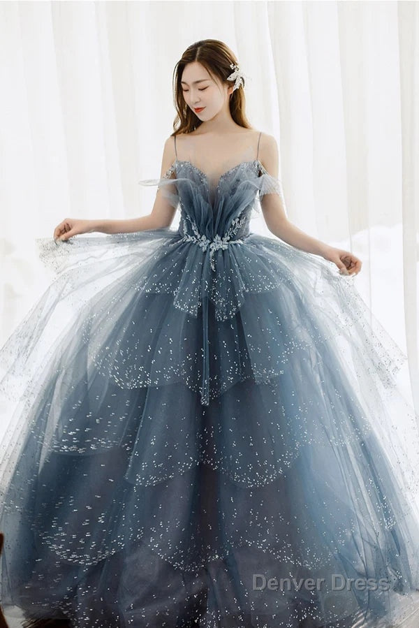 Gorgeous Blue Sparkly Tulle Beaded Prom Dresses, Tiered Prom Gowns with Rhinestone
