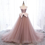 Pink Spaghetti Straps Tulle Long Prom Dresses, Unique Long Wedding Dess