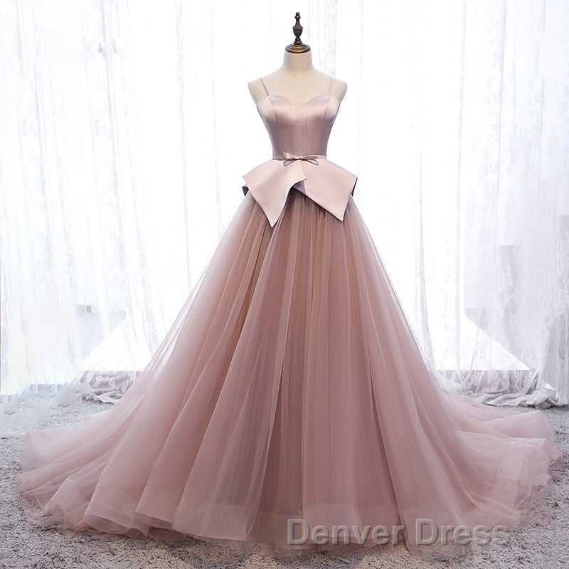 Pink Spaghetti Straps Tulle Long Prom Dresses, Unique Long Wedding Dess