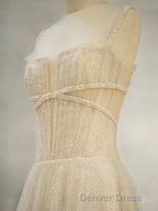 Champagne Tulle Long Prom Dresses, Champagne Tulle Formal Dresses