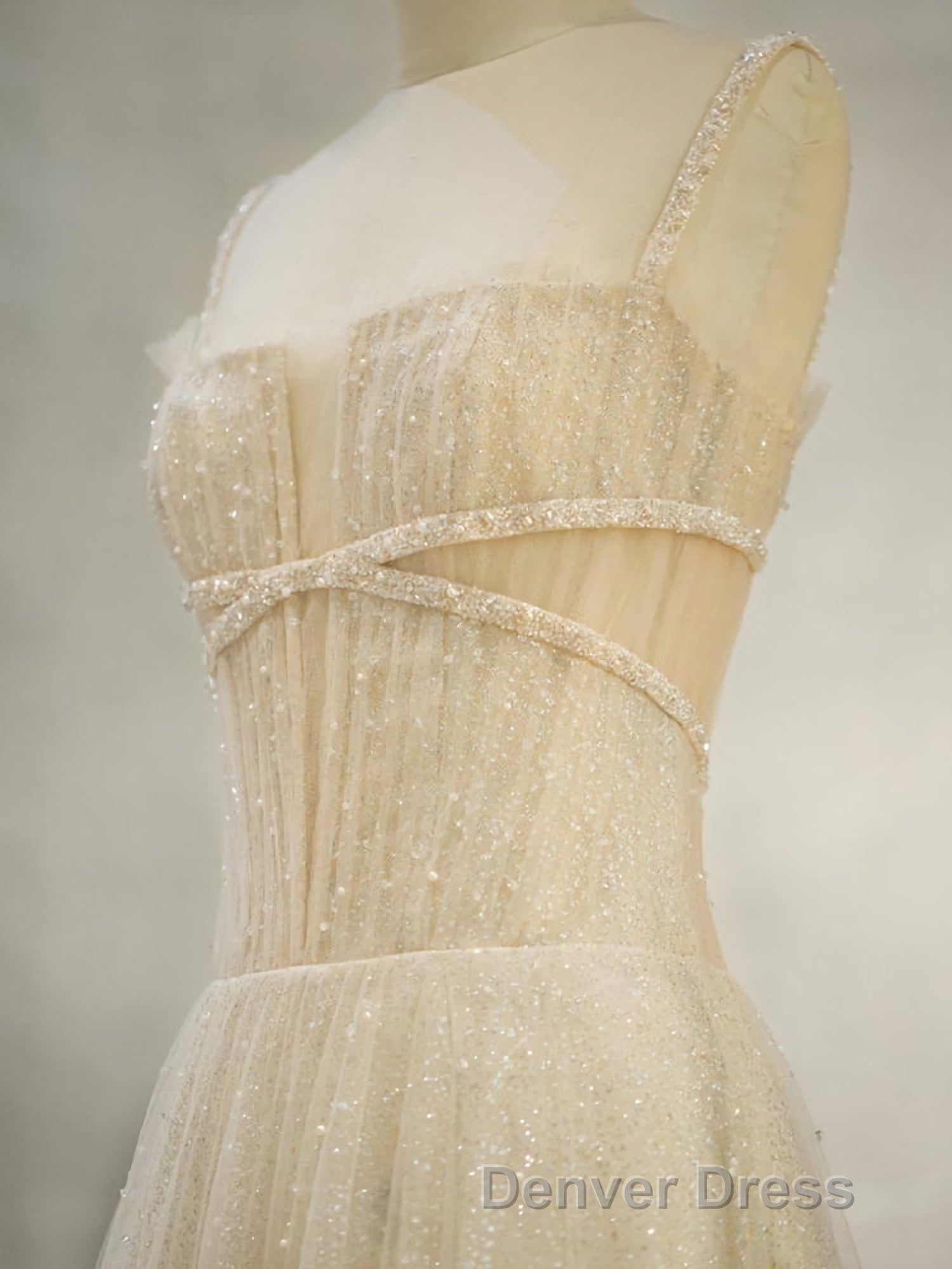 Champagne Tulle Long Prom Dresses, Champagne Tulle Formal Dresses