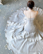 Sliver Grey Satin Straps Long Prom Gowns, Cute Long Prom Dresses