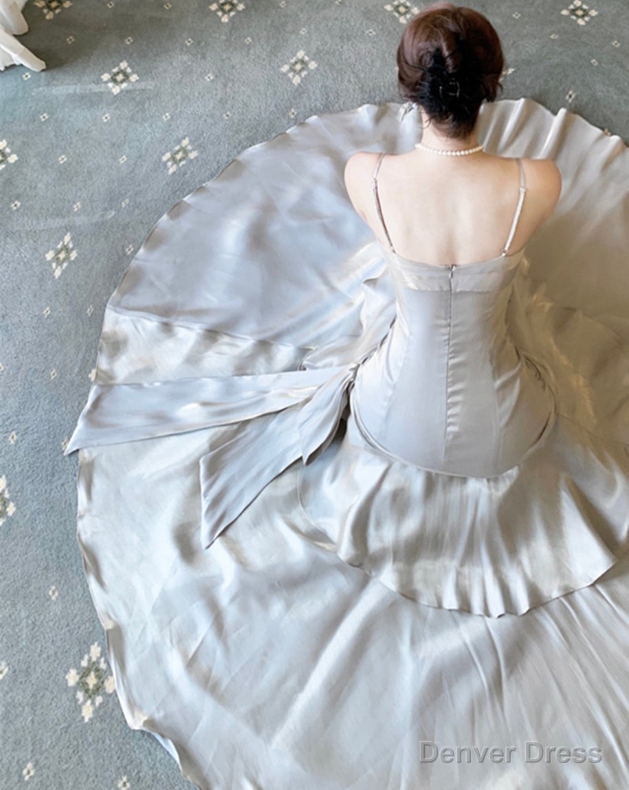 Sliver Grey Satin Straps Long Prom Gowns, Cute Long Prom Dresses