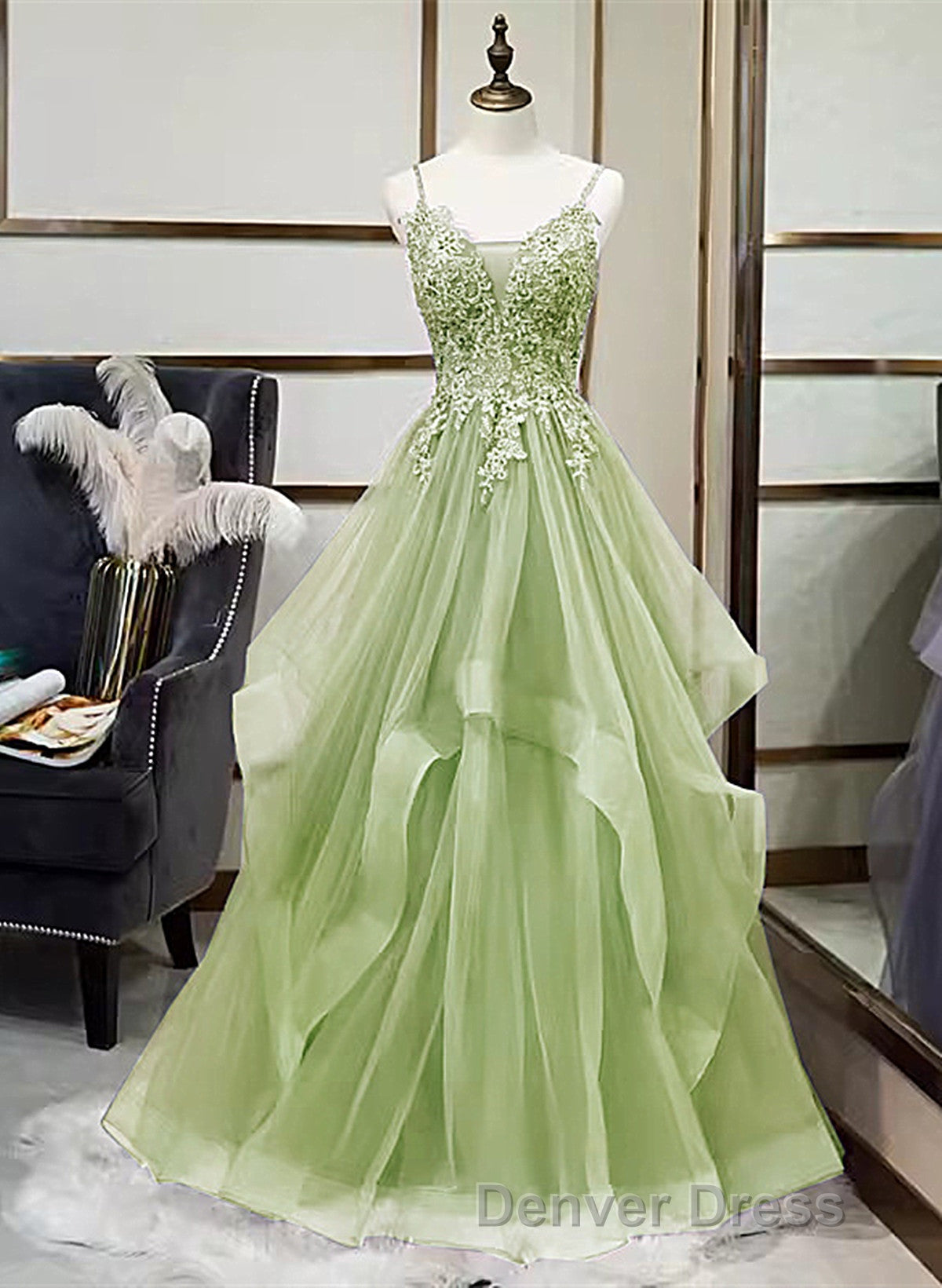 A-Line Tulle With Lace Applique Straps Long Party Dresses, Green Tulle Prom Dresses