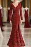 Wine Red Long Sleeves Mermaid Long Formal Dresses, Wine Red Prom Dresses