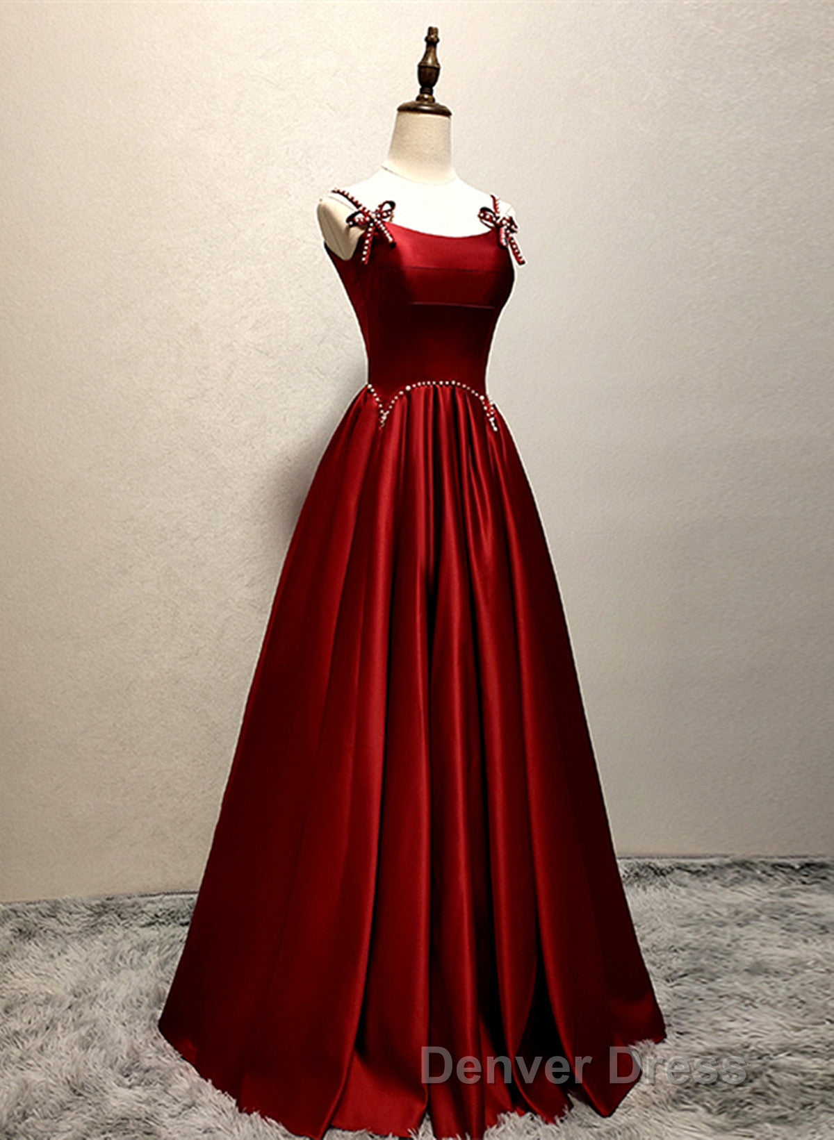 Wine Red Satin Straps Round Neckline Prom Dress, Wine Red Long Prom Dresses