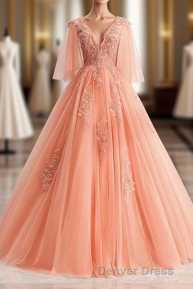 Lovey Tulle V-Neckline Long Party Dresses With Lace, A-Line Tulle Sweet 16 Dresses