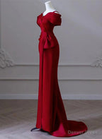 Wine Red Satin Mermaid Long Straps Long Prom Dress, Wine Red Off Shoulder Prom Dresses