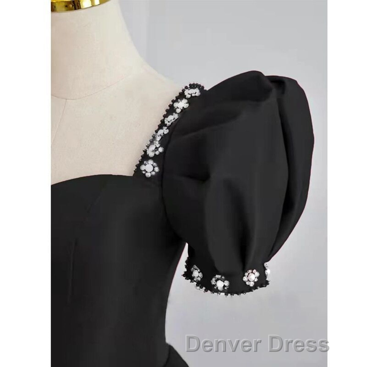 Black Sweetheart Short Sleeves Beaded Party Dresses, A-Line Black Satin Prom Dresses Secondary image