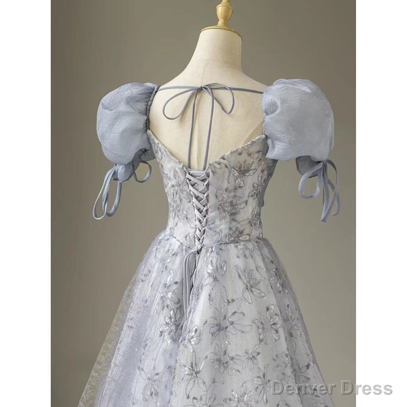 Cute Floral Printed Long Prom Dress A Line Puff Sleeves Blue Party Gown