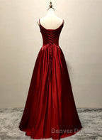 Wine Red Satin Straps Round Neckline Prom Dress, Wine Red Long Prom Dresses