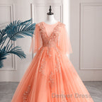 Lovey Tulle V-Neckline Long Party Dresses With Lace, A-Line Tulle Sweet 16 Dresses