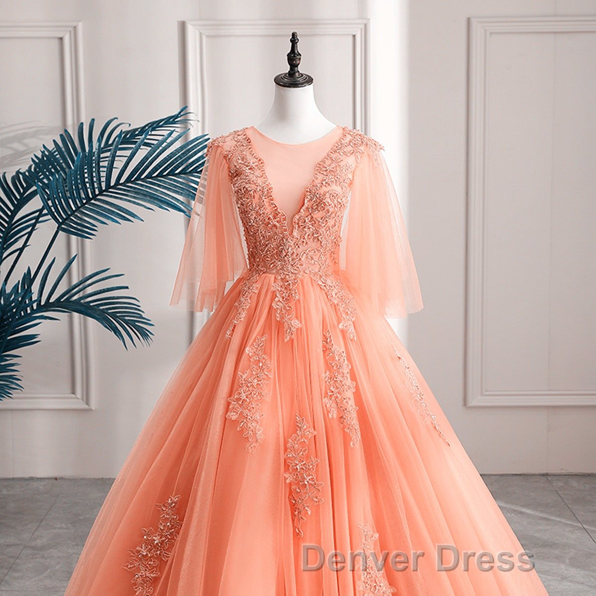 Lovey Tulle V Neckline Long Prom Dress With Lace, A Line Tulle Sweet 16 Dresses Secondary image