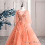 Lovey Tulle V Neckline Long Prom Dress With Lace, A Line Tulle Sweet 16 Dresses