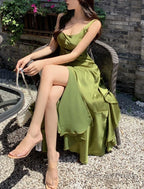 Green Backless Ruffles A Line Long Prom Dresses