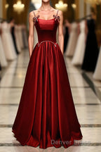 Wine Red Satin Straps Round Neckline Prom Dress, Wine Red Long Prom Dresses