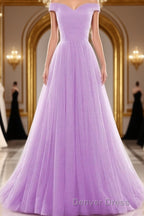 Beautiful Lavender Tulle Off Shoulder Long Prom Dresses, Beautiful Prom Gown
