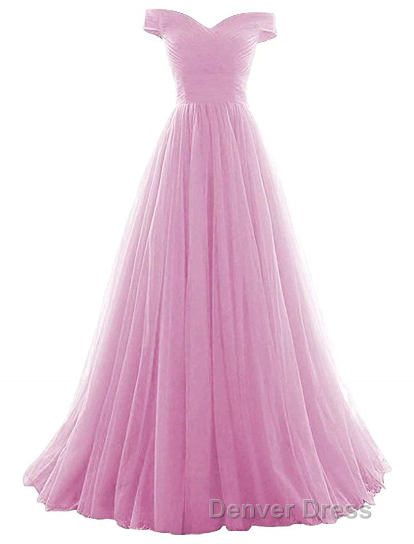 Beautiful Lavender Tulle Off Shoulder Long Prom Dresses, Beautiful Prom Gown