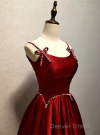Wine Red Satin Straps Round Neckline Prom Dress, Wine Red Long Prom Dresses