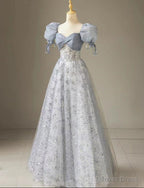 Cute Floral Printed Long Prom Dresses A Line Puff Sleeves Blue Prom Gowns