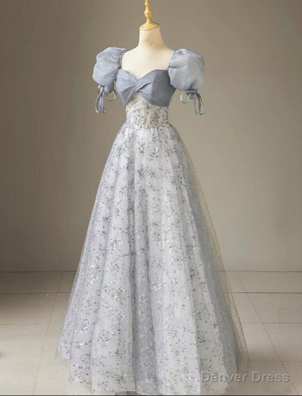 Cute Floral Printed Long Prom Dresses A Line Puff Sleeves Blue Prom Gowns