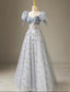 Cute Floral Printed Long Prom Dresses A Line Puff Sleeves Blue Prom Gowns