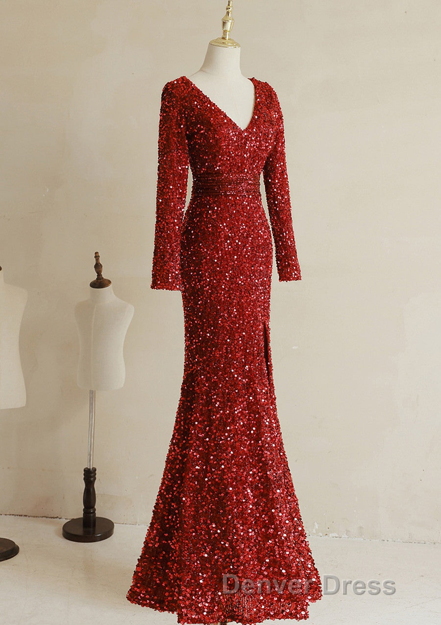 Wine Red Long Sleeves Mermaid Long Prom Dress, Wine Red Prom Dresses