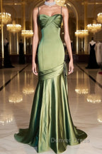Green Chic Style Long Satin Sweetheart Prom Dress, Green Prom Dresses