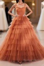 Unique High Neck Tulle Long Prom Dresses, Orange Formal Evening Dresses