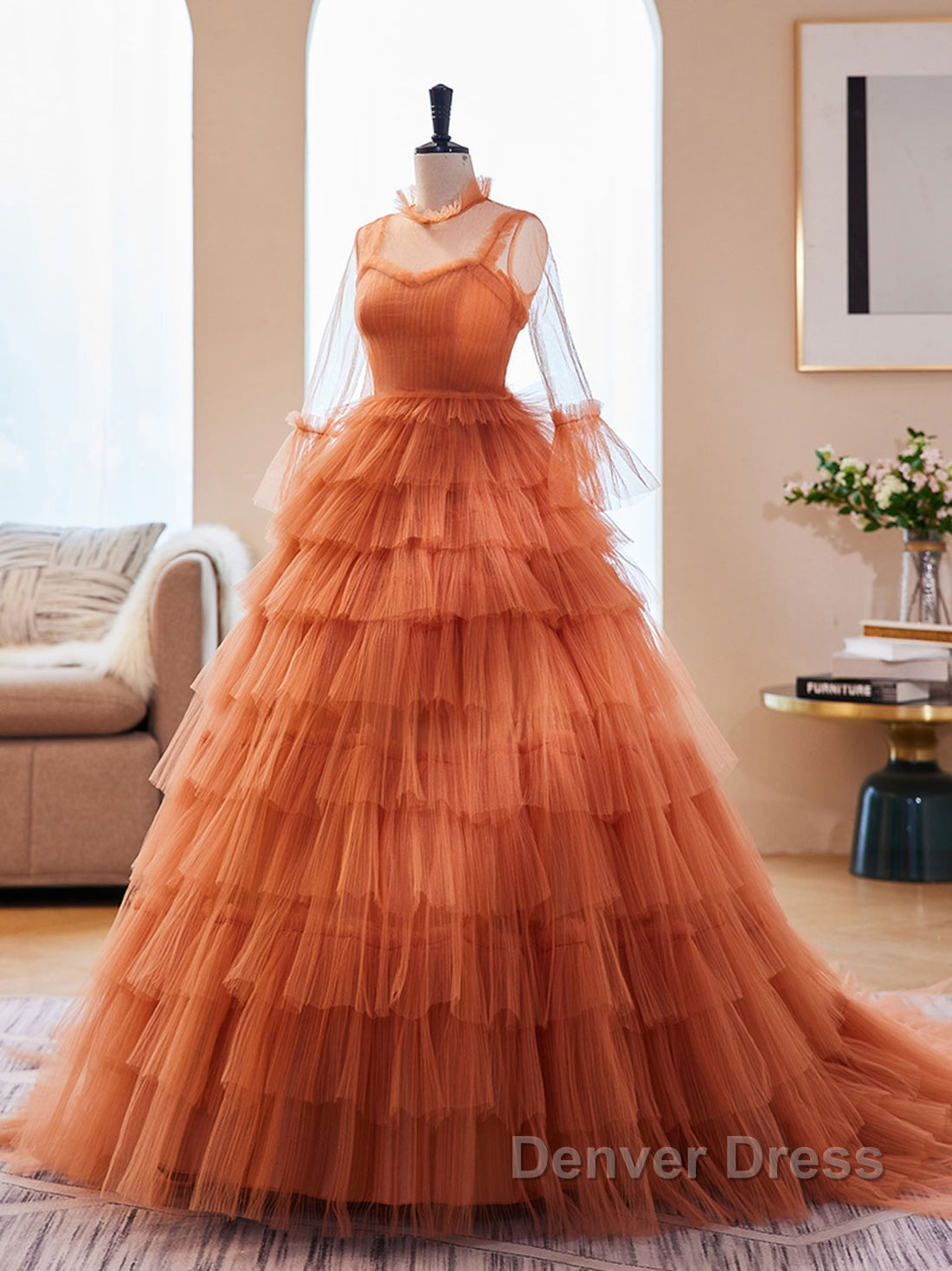 Unique High Neck Tulle Long Prom Dresses, Orange Formal Evening Dresses Secondary image
