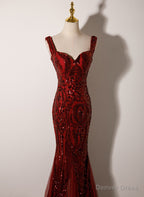 Wine Red Straps Sweetheart Mermaid Long Prom Dress, Wine Red Sequins Prom Dresses