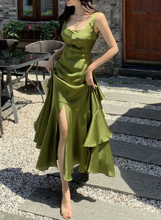Green Backless Ruffles A-Line Long Prom Dress