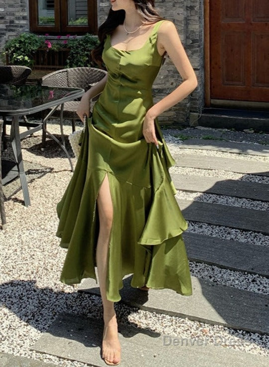 Green Backless Ruffles A Line Long Prom Dresses