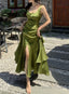 Green Backless Ruffles A Line Long Prom Dresses