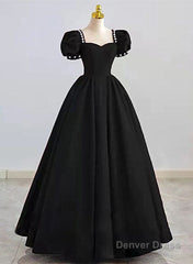 Black Sweetheart Short Sleeves Beaded Party Dress, A-Line Black Satin Prom Dress