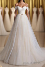 Elegant V Neck Off-shoulder Tulle Pleat Sweep Train Wedding Dresses