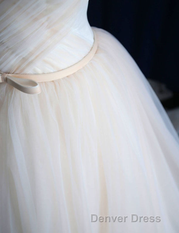 Elegant V Neck Off Shoulder Tulle Pleat Sweep Train Wedding Dresses