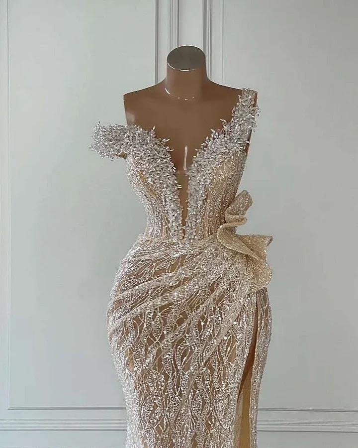 Off-The-Shoulder Silver Beads Cap Sleeves High Split Prom Dresses