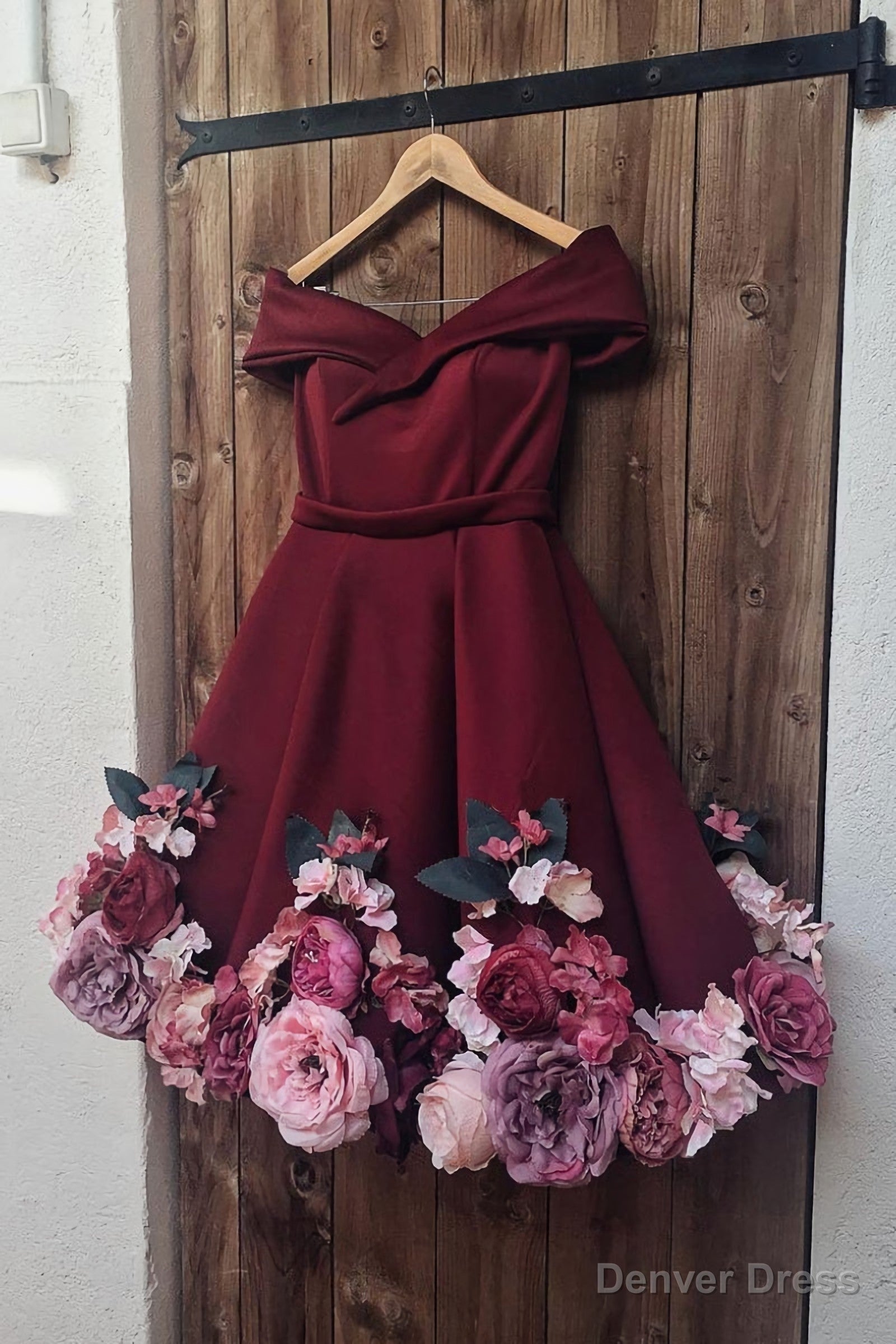 Off Shoulder 3D Flowers Burgundy Homecoming Dress, Short Prom Dress, With Appliques Off Shoulder Burgundy Graduation Dress Prom Dresses